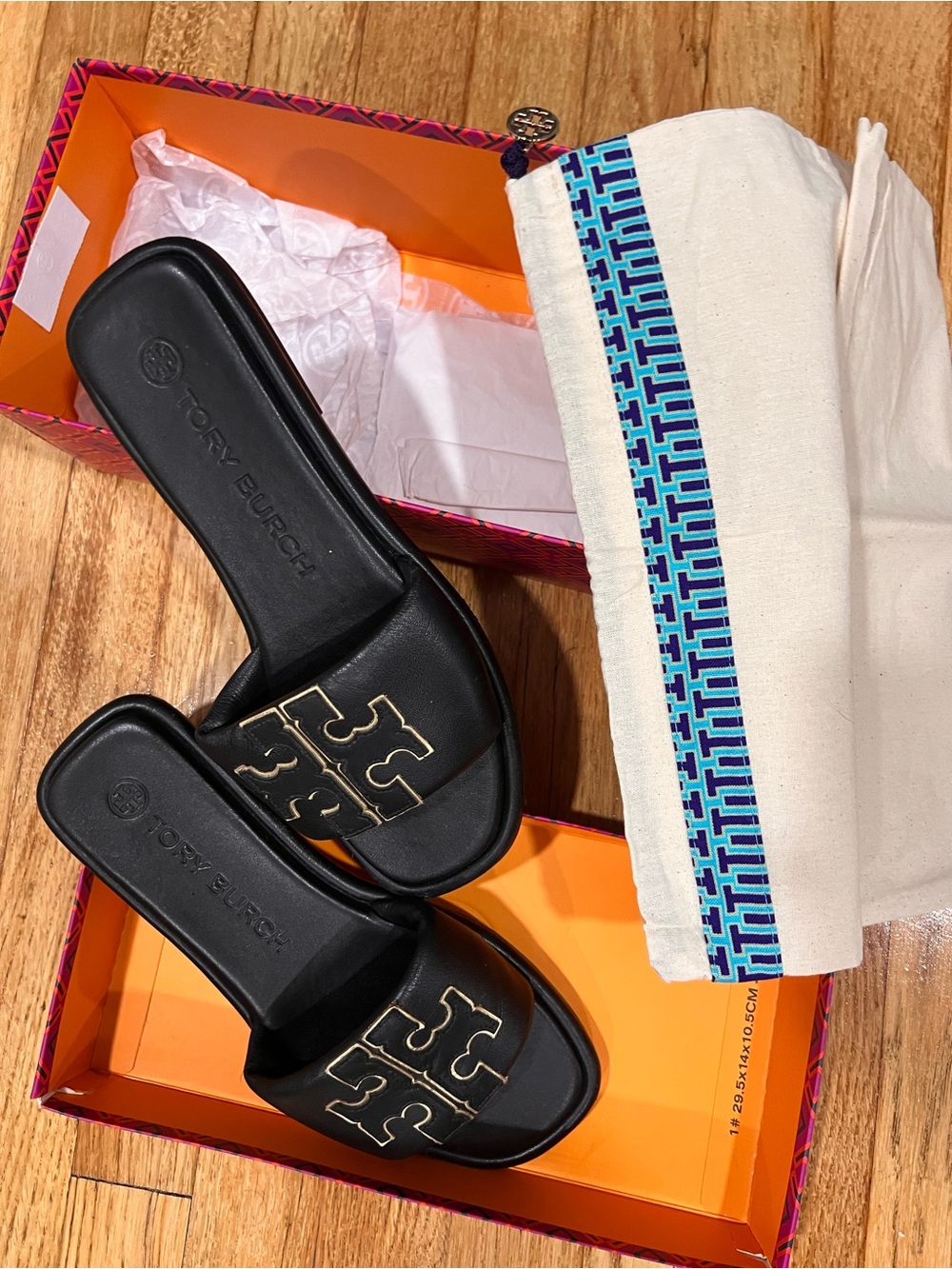Tory Burch Black Slide Sandals with Gold Logo
